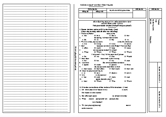 Đề thi học kì II môn Tiếng Anh Lớp 6 - Năm học 2014-2015 - Phòng GD & ĐT Vĩnh Thạnh